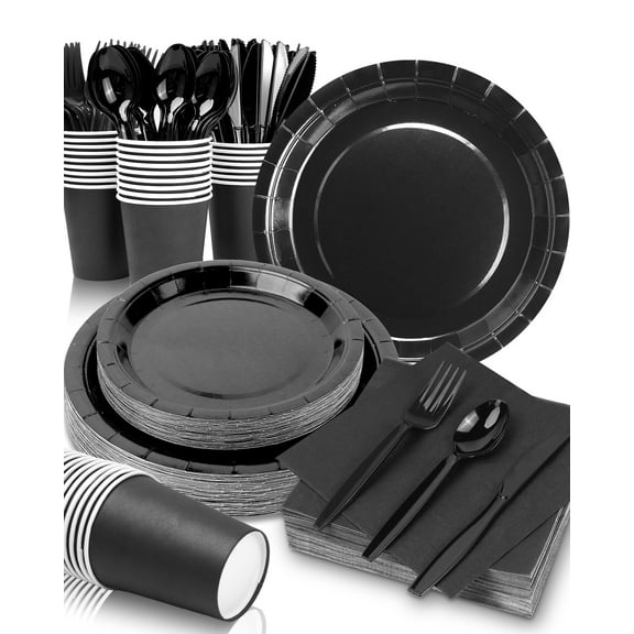 Lzerking Black Party Supplies Set 224 AFN1Pieces of Black Paper Plates, Cups, Napkins, and Heavy Duty Plastic Spoons Forks Knives for 32 Guests for Birthday, Graduation, Wedding, Festivals
