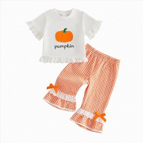 HCNTES Baby Girl Clothes Baby Toddler Girl Halloween Outfits 6 12 18 24 Month 2T 3T 4T Pumpkin Embroidery Short Sleeve Round Neck Tops and Flared Pants Clothes Set