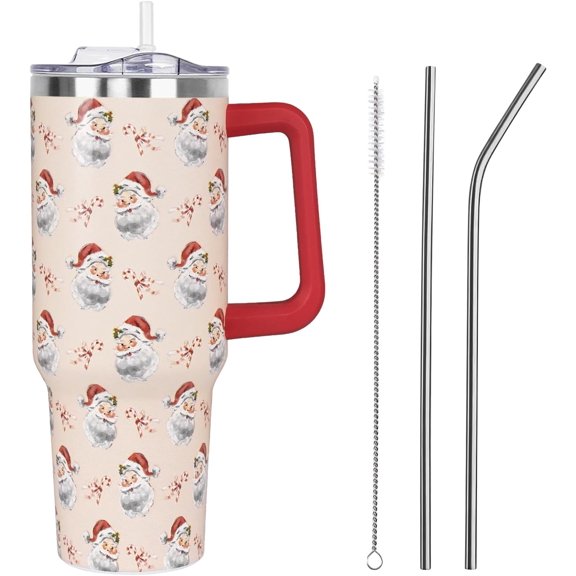 Christmas Winter Tumbler with Handle and Straw Lid 40 oz,Cute Merry Xmas Santa Claus Bow Candy Canes Gifts for Women Vacuum Insulated Leak Proof Cup,Holiday Accessories Stainless Steel Coffee Mug