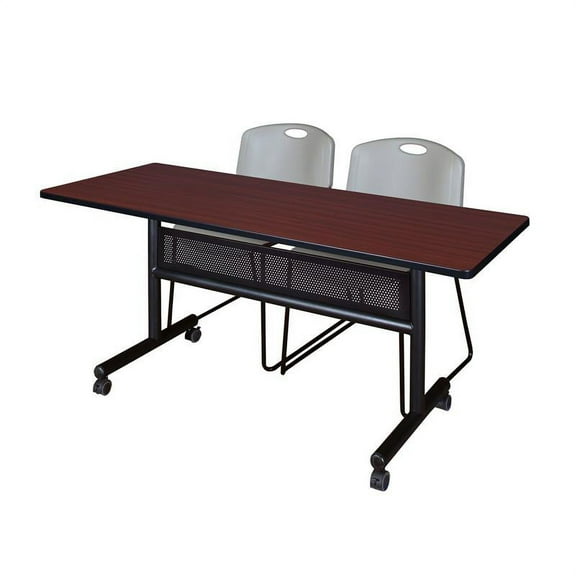 60" x 24" Flip Top Mobile Training Table w/ Divider- Mahogany & 2 Stack Chairs