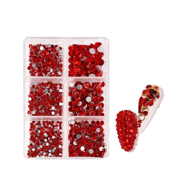 Qarigey Uñas de cristal para uñas, 6 cajas de cristal de fondo plano para decoración de uñas, joyas de diamantes, Kit de piedras, bolsas, Juegos de manicura Rojo