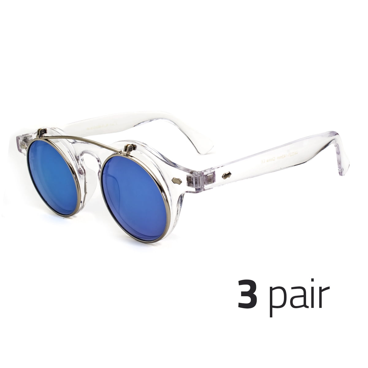3 Pair Cool Flip Up Lens Steampunk Vintage Retro Style Round Sunglasses USA 