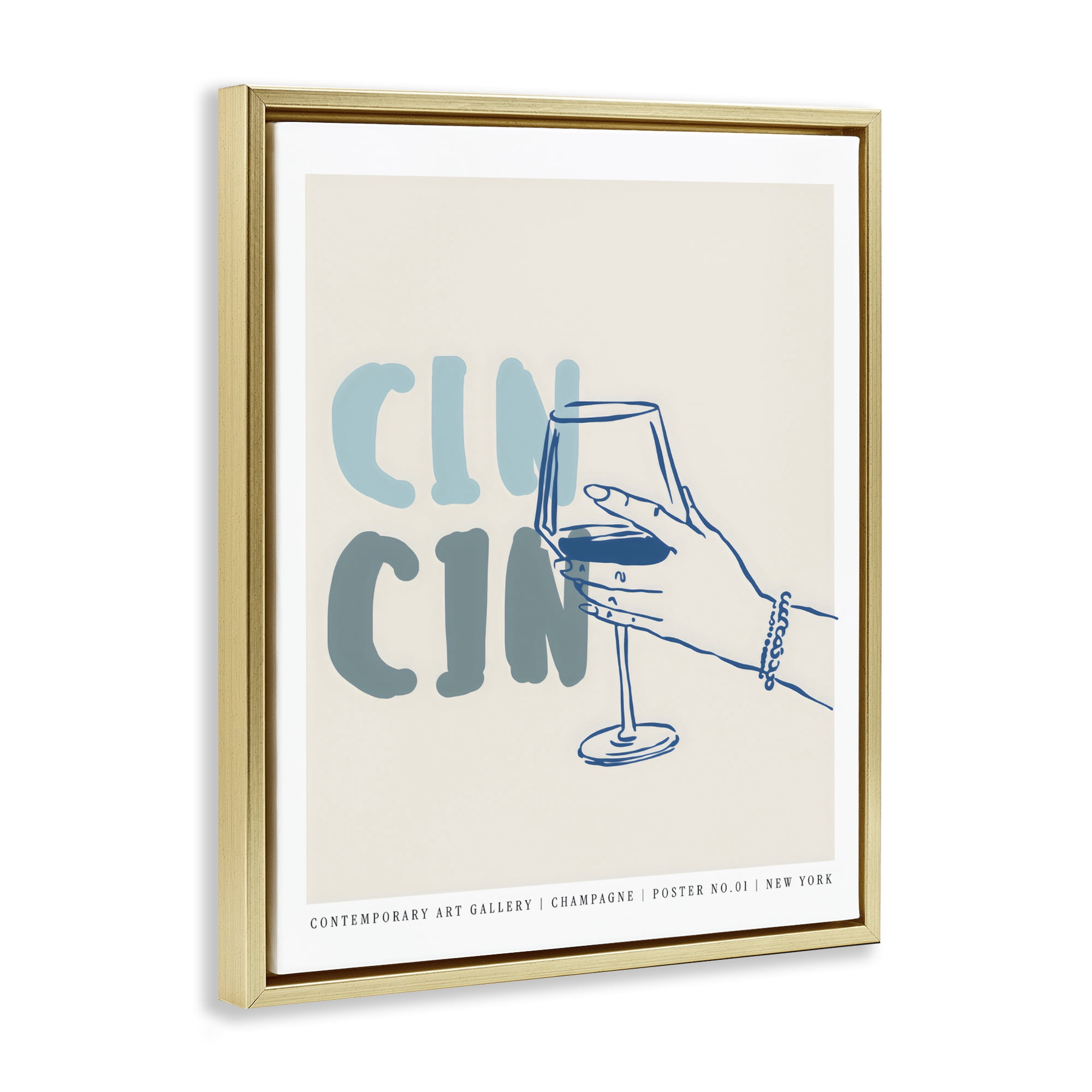 Stupell Industries Cin Cin Blue Champagne Toast Gold Framed Floater Canvas Wall Art, design by The Prints Vibe