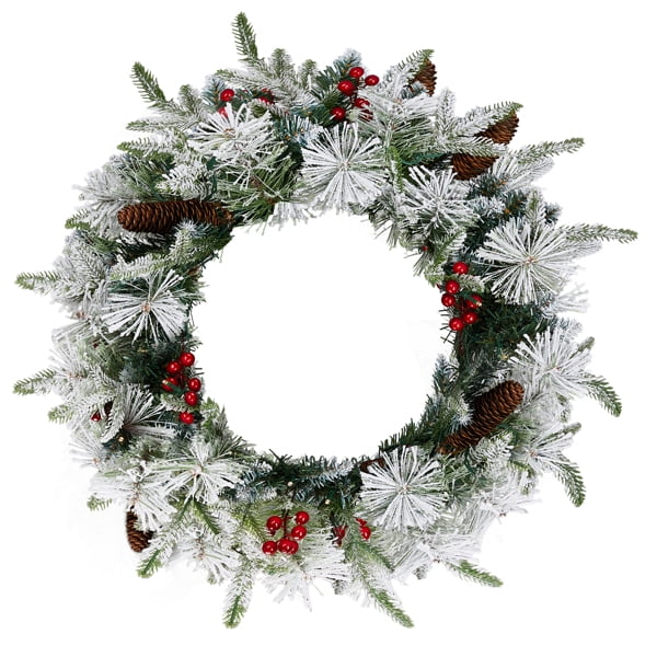 Alvantor 2-Pack 18 in Pre-Lit Snow-Flocked Christmas Wreaths with 60 Warm White LED Lights, 140 Tips, Red Berries and Pine Cones
