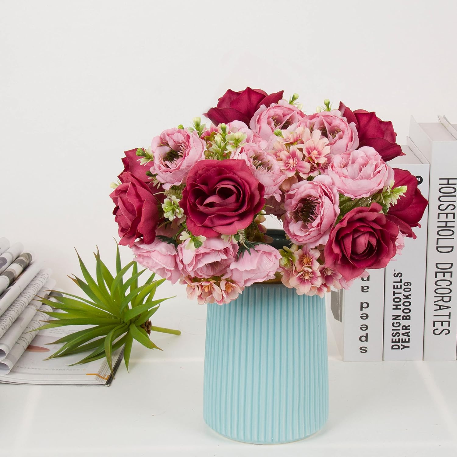 2pcs Artificial Flower Bouquets,12 Inch Wedding Bouquet for Bridesmaid, Tossing Bouquet for Bridal Shower Wedding Ceremony,White and Green