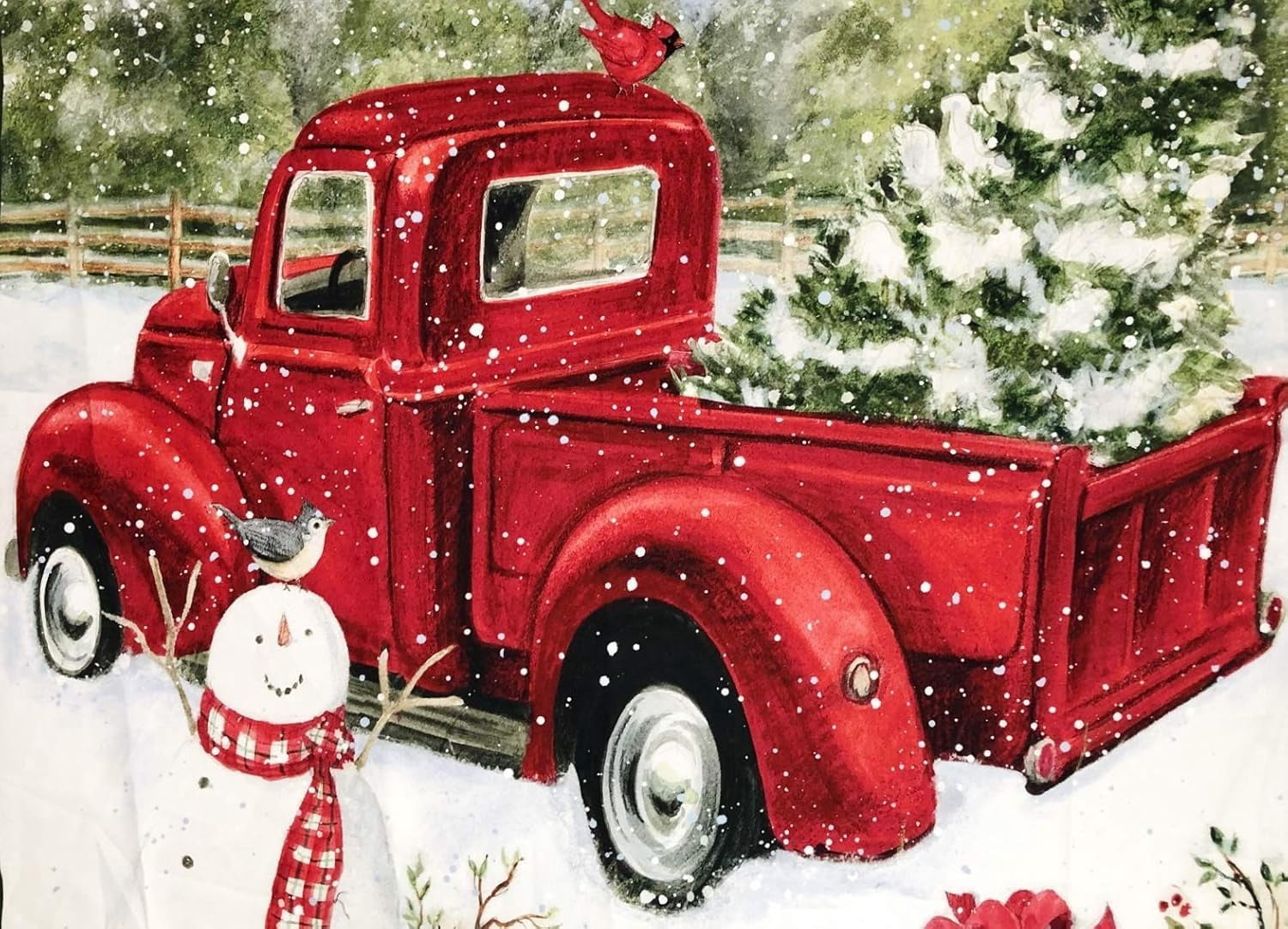 1 Panel - Christmas Fun Snowman & Classic Red Pick Up Truck Susan Winget Cotton Fabric Panel (Great for Quilting, Sewing, Craft Projects, Wall Hangings, and More) 36" X 44"