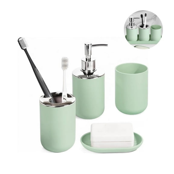 Set 4 Pcs Green Bathroom Accessories,Cute Bathroom Decor,Plastic Soap Dispenser and Toothbrush Holder Set,Soap Dish and Mouthwash Cup