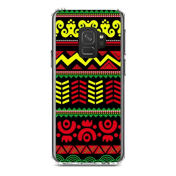 DistinctInk Clear Shockproof Hybrid Case for Samsung Galaxy S9 (5.8" Screen) - TPU Bumper, Acrylic Back, Tempered Glass Screen Protector - Black Yellow Red Aztec Tribal