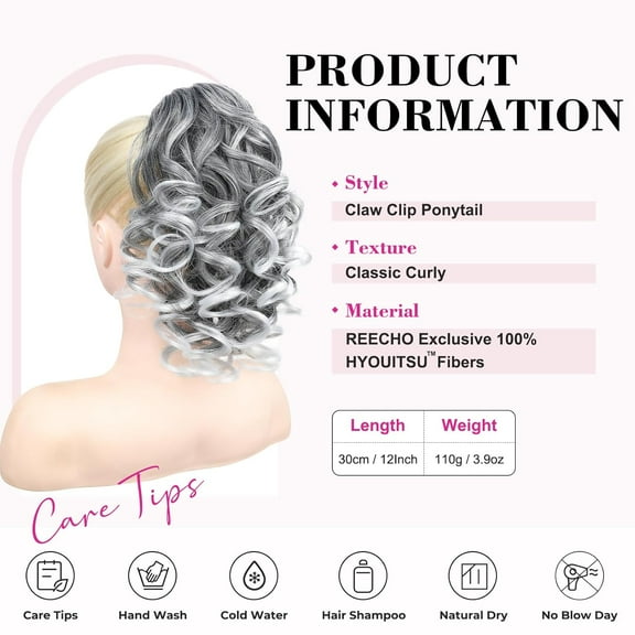 WEIF-12" Ponytail Extension, Classic Loose Curly Wavy Claw Clip Pony tails Hair Extensions Hairpieces for Women (Grey with White Ends)