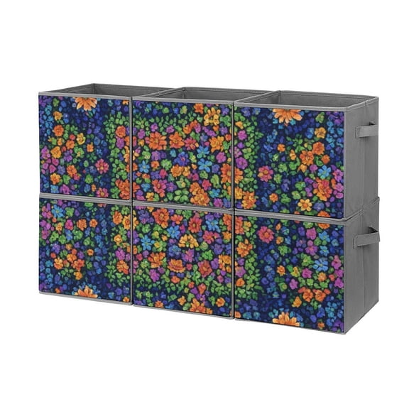 Set of 6 Collapsible Oxford Fabric Storage Cubes with Handles, Foldable Closet Organizer Bins for Clothes, Toys, Shelves, Home & Kitchen Midnight Bloom Elegance