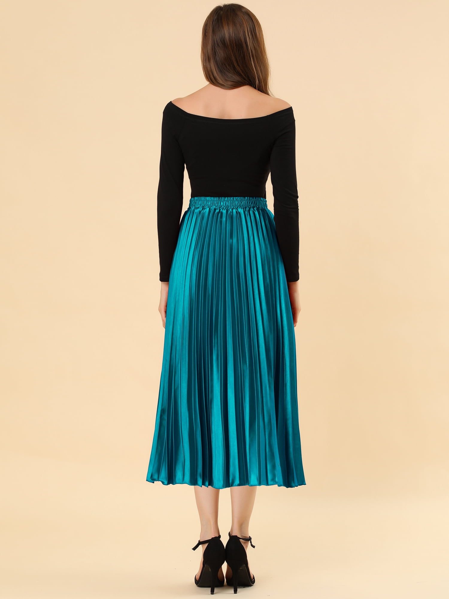 DARING DIVA Women's Midi Length Elastic High Waisted Pleated Skirt 2XL Peacock Blue
