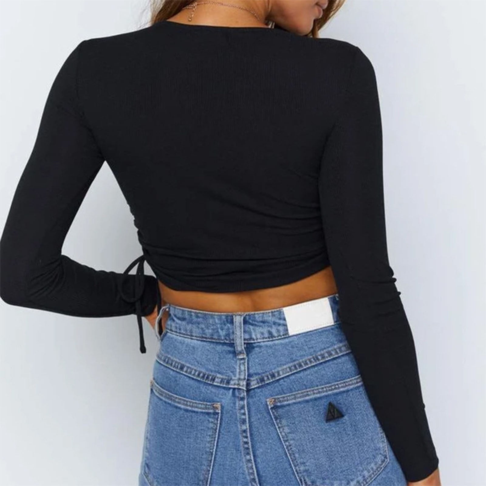YYDGH Women's Crew Neck Ruched Side Drawstring Crop Top Long Sleeve Ribbed  Fitted Crop T-Shirt Cute Solid Color Bodycon Tops Black L 