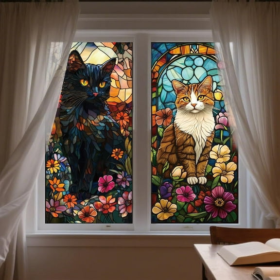 Static Window Clings Black Cat and Orange Cat 1 Sheet Reusable Window Decals for Glass 47.24" x 11.8" Removable Double Sided Window Sticker for Room Office Home Decoration