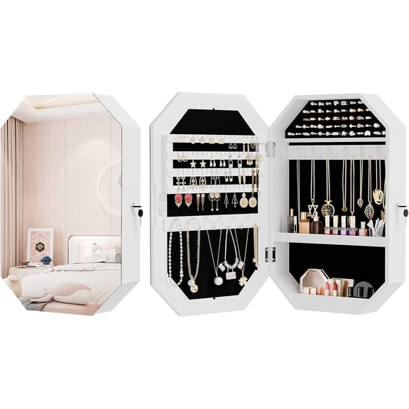 ZJTER Modern Diamond-Shaped Jewelry Armoire, Lockable Octagonal Jewelry Cabinet Organizer with Mirror, Wall Mounted for Space Saving