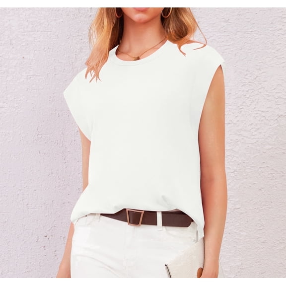Uvplove Cap Sleeve Tops for Women Summer Top Basic Tee Shirts Casual Tank Loose Fit Fashion white-l