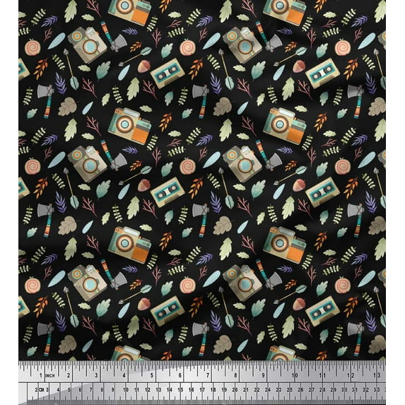 Soimoi Black Poly Georgette Fabric Camera,Leaves & Axe African Print Sewing Fabric Yard 52 Inch Wide