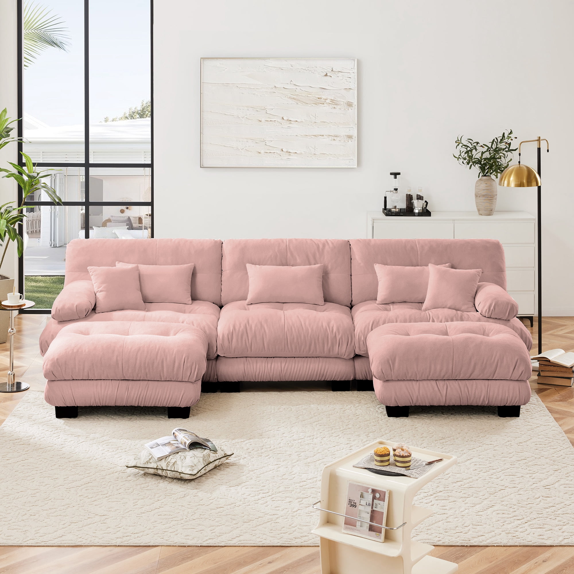 Alvantor Oversized Modular Sectional Sofa 3 Seat U Shaped Cloud Couch 134" Chenille Deep Seat Sofa with Convertible Ottomans for Living Room Bedroom Pink