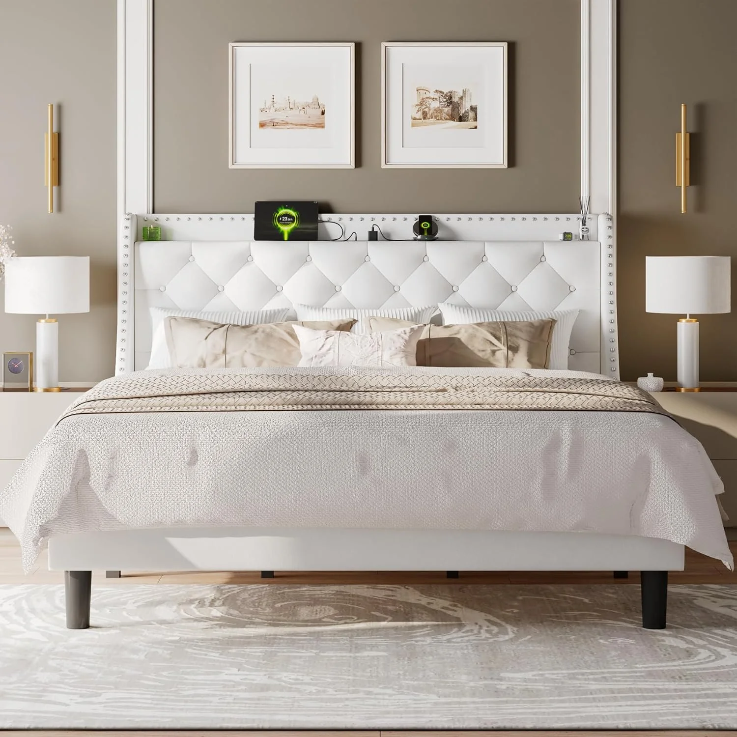 Gewnee King Size Upholstered Platform Bed with Wingback Storage Headboard,Built-in Charging Station,16” Wide Button Tufted Headboard with Nailhead Trim,8” Underbed Storage,White