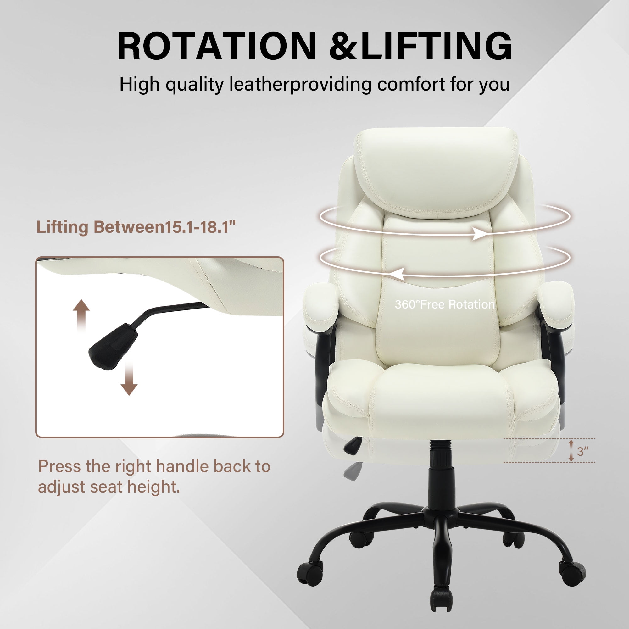 JONPONY Big and Tall Office Chair 500LBS Wide Seat Ergonomic Computer Desk Chair High Back Executive Leather Chair Adjustable Task Chair Lumbar Back Support 8 Hours Heavy Duty Design,White