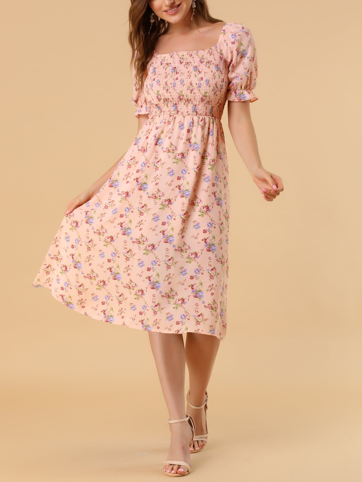 DARING DIVA Square Neck Puff Sleeves Smocked Waist Midi Floral Dres L Pink