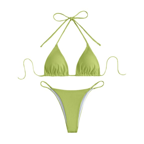 VNKIDY Womens Solid Color Ribbed Triangle Halter Bikini Top With Tie Closure High Cut String Brief Bottom Two Piece Swimwear Set For Beach Days Summer Vacations Trendy Swimwear