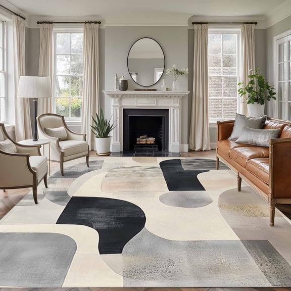 Modern Grey Beige 5'x8' Area Rug for Living Room, Abstract Geometric Textured Washable Non-Slip Rugs for Bedroom Nursery Dining Room, StainResistant Low-Pile Kitchen Carpet Large Entryway Rugs