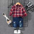 thumbnail image 4 of Xudanell Toddler Boy Outfits Jeans Outfits Kids Plaid Shirt Jeans Suit for Fall Outfits Baby Boy Clothes Red 6-9 Months, 4 of 5