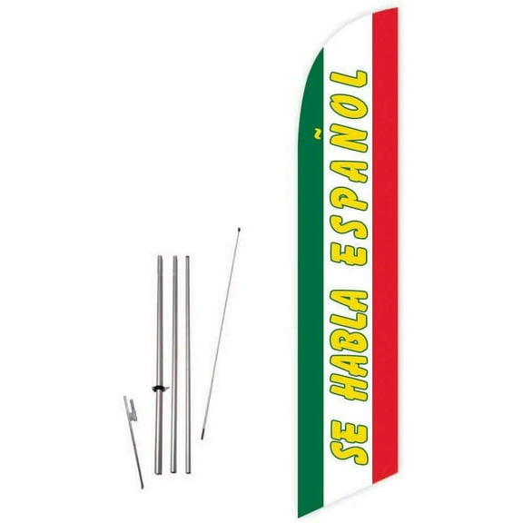 Cobb Promo Se Habla Espanol Green/White/Red Feather Flag with Complete 15ft Pole kit and Ground Spike