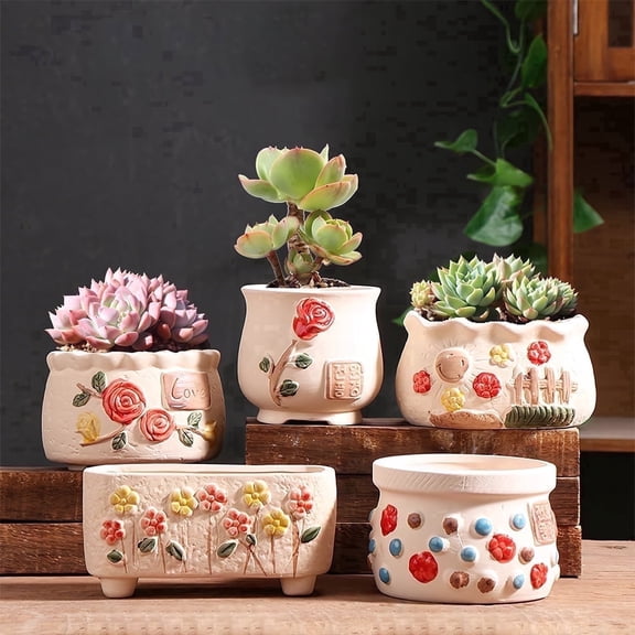Set of 5 Spring-Themed Mixed Shape Ceramic Succulent Planters
