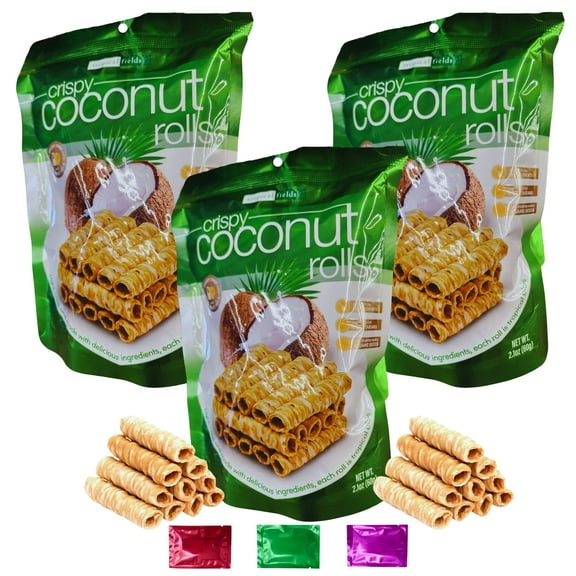 Tropical Fields Crispy Coconut Rolls Snacks, Light and Crisp Rolled Snack Treat with Sesame Seeds, Gluten-Free Snacking Party Stocking Stuffers 2.1 oz 3 Packs w/ Bonus Snoep in Beperkte Oplage