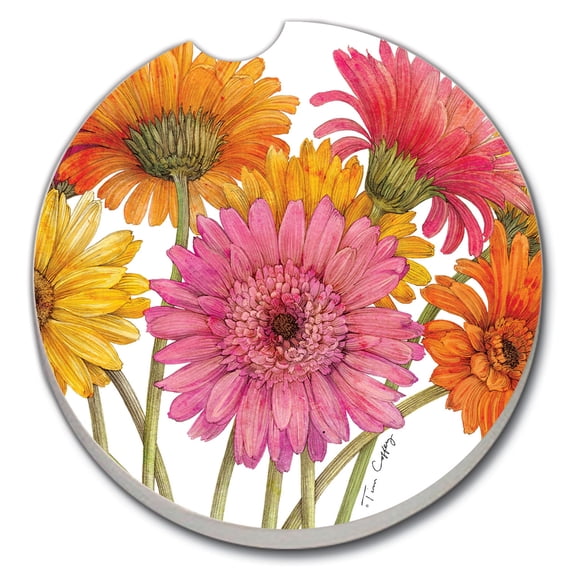 Absorbent Stoneware Car Coaster, Gerber Daisies, Set of 2