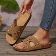 thumbnail image 4 of Womens Cork Footbed Slide Sandals with Arch Support Trendy Studded Hollow out Comfy Summer Slip on Flat Shoes Brown Size 6.5, 4 of 8