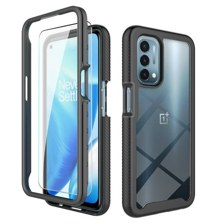 OnePlus Nord N200 5G Case with Glass Screen Protector, Dteck Full Coverage Rugged Shockproof Case Transparent Clear Hard Back Protective Cover for OnePlus Nord N200 5G 2021, Black