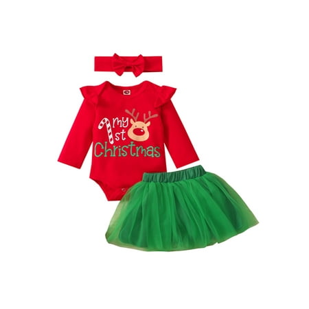 

3PCS Princess Christmas Party Baby Girls Clothes Set Letters Cartoon Printed Ruffle Romper+Yarn Skirt+Headdress