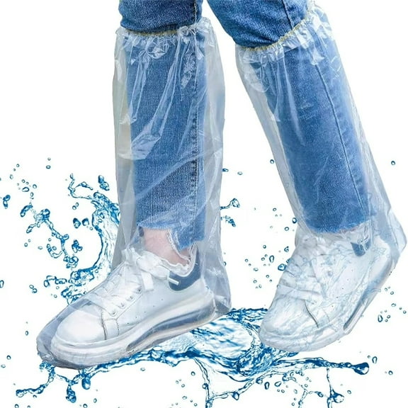 Scheam Thicker Waterproof Boot Covers,Clear Disposable Clear Plastic Shoe Covers,Anti-Slip Long Overshoe,Rainy Day Use Cover,for Men and Women One Size Fits All 50 Pcs (25 Pairs)