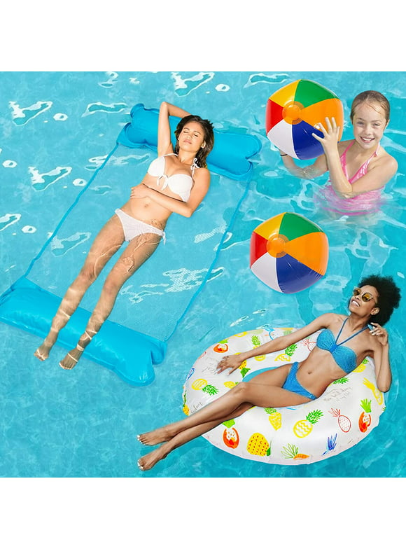 4PCS Inflatable Pool Floats for Kids/Adults,1PCS Swimming Pool Float Hammock,1PCS Inflatable Swim Tube Ring and 2PCS Beach Balls,Inflatable Pool Toys for Summer Beach Water Toys Party Supplies.