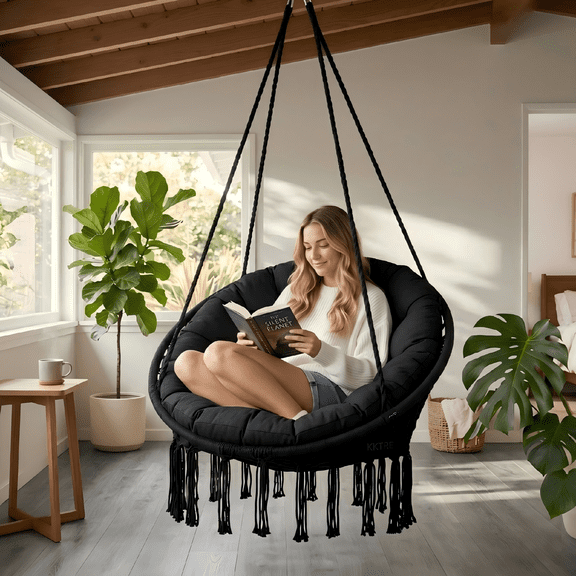 KKTRE Black Macrame Hammock Chair with Tassels, Hammock Swing Chair, Cotton Rope Hanging Swing Chair for Indoor/Outdoor Bedroom Porch Balcony Backyard, Black