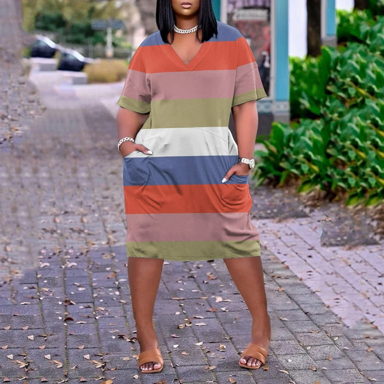 Simple Dress plus Size Womens Plus Size A Line Dress Print V Neck Short Sleeve Spring Summer Casual Knee Length Dress Casual Daily Dress plus Size