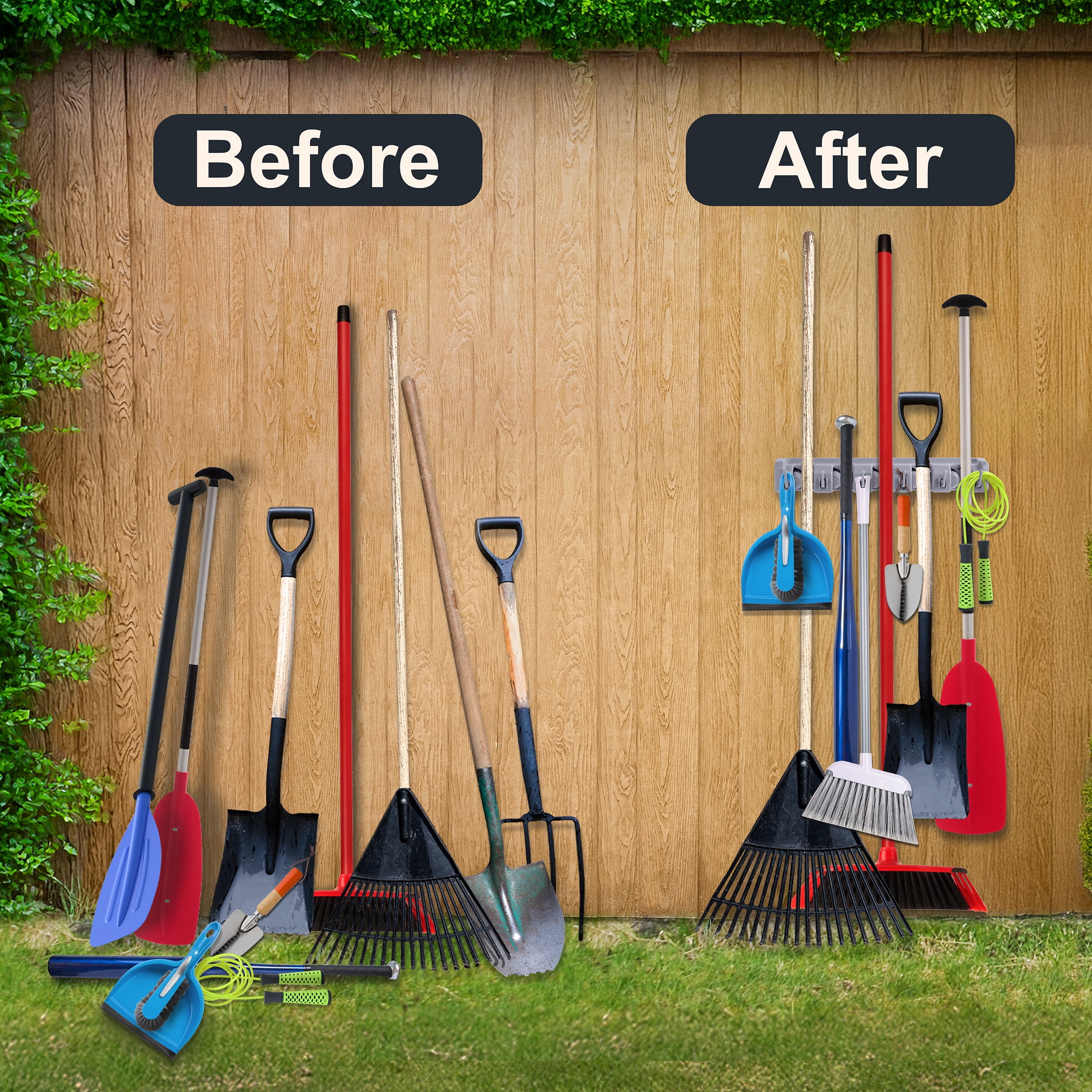 Sorbus 16-Inch Wall Mounted Broom & Garden Tool Organizer Rack for Garage & Shed Storage, Gray