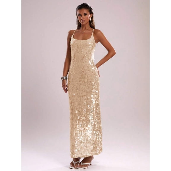 Apricot Sequin Slip Dress With Spaghetti Straps, Retro Sparkle Maxi Dress For Party Night Out