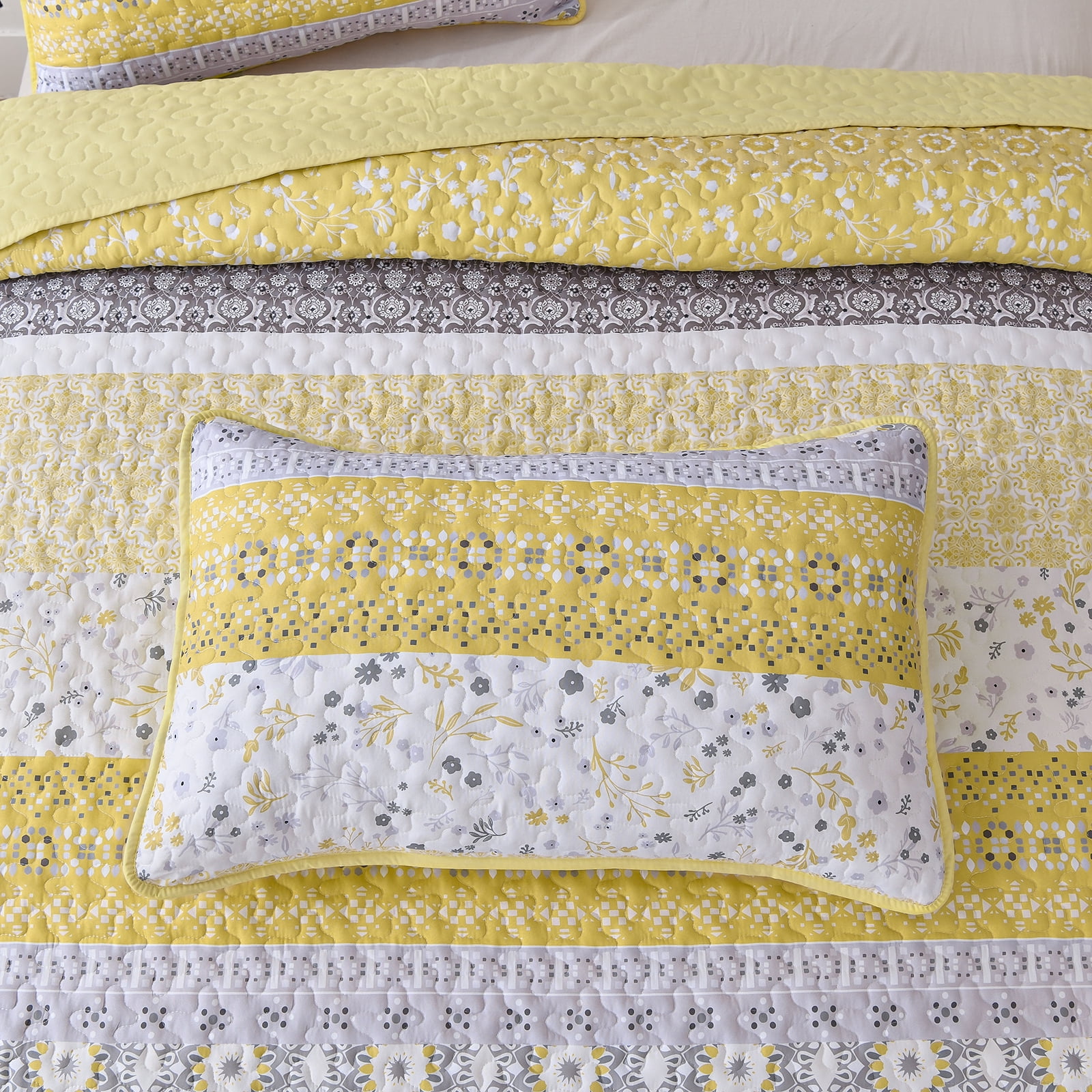 Dintszyayue 3Pcs Floral Boho Quilt Set Queen,Yellow Bohemian Striped Patchwork Bedspread Adult(90"×96")