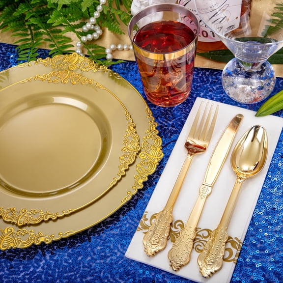 175PCS Solid Gold Plastic Plates with Gold Rim, Gold Disposable Dinnerware Sets Include 25 Dinner Plates, 25 Dessert Plates, 25 Cutlery Sets, 25 Napkins Perfect for Party & Christmas