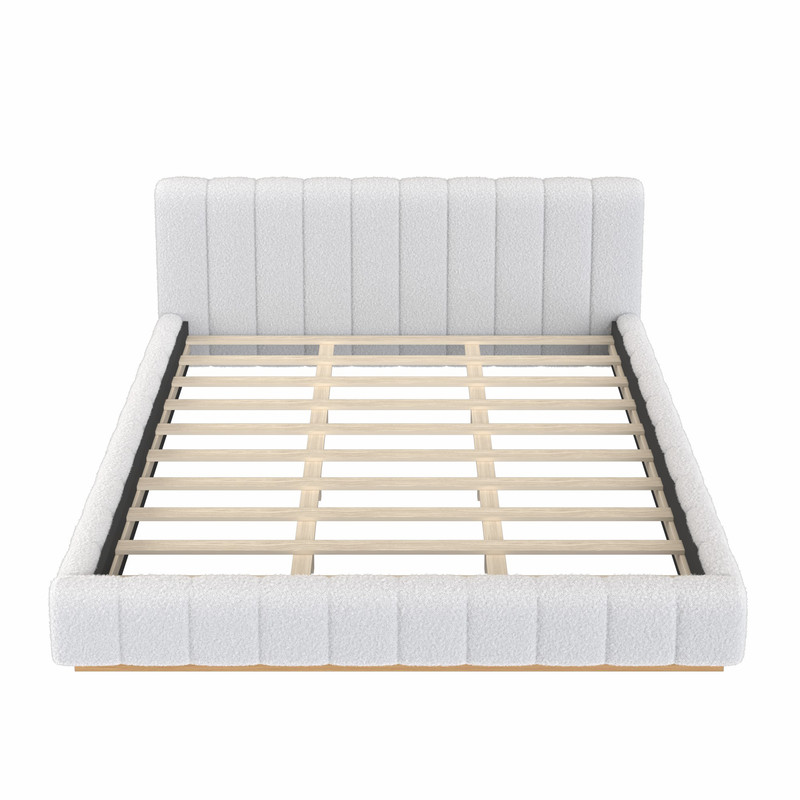 King Size Boucle Upholstered Bed Frame, Low Profile Wooden Platform Bed, No Box Spring Needed Floor Bed with Padded Headboard