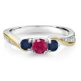thumbnail image 2 of Gem Stone King 925 Sterling Silver and 10K Yellow Gold Red Ruby Blue Sapphire and White Lab Grown Diamond 3 Stone Engagement Ring for Women (0.68 Cttw, Gemstone July Birthstone, Size 9), 2 of 3
