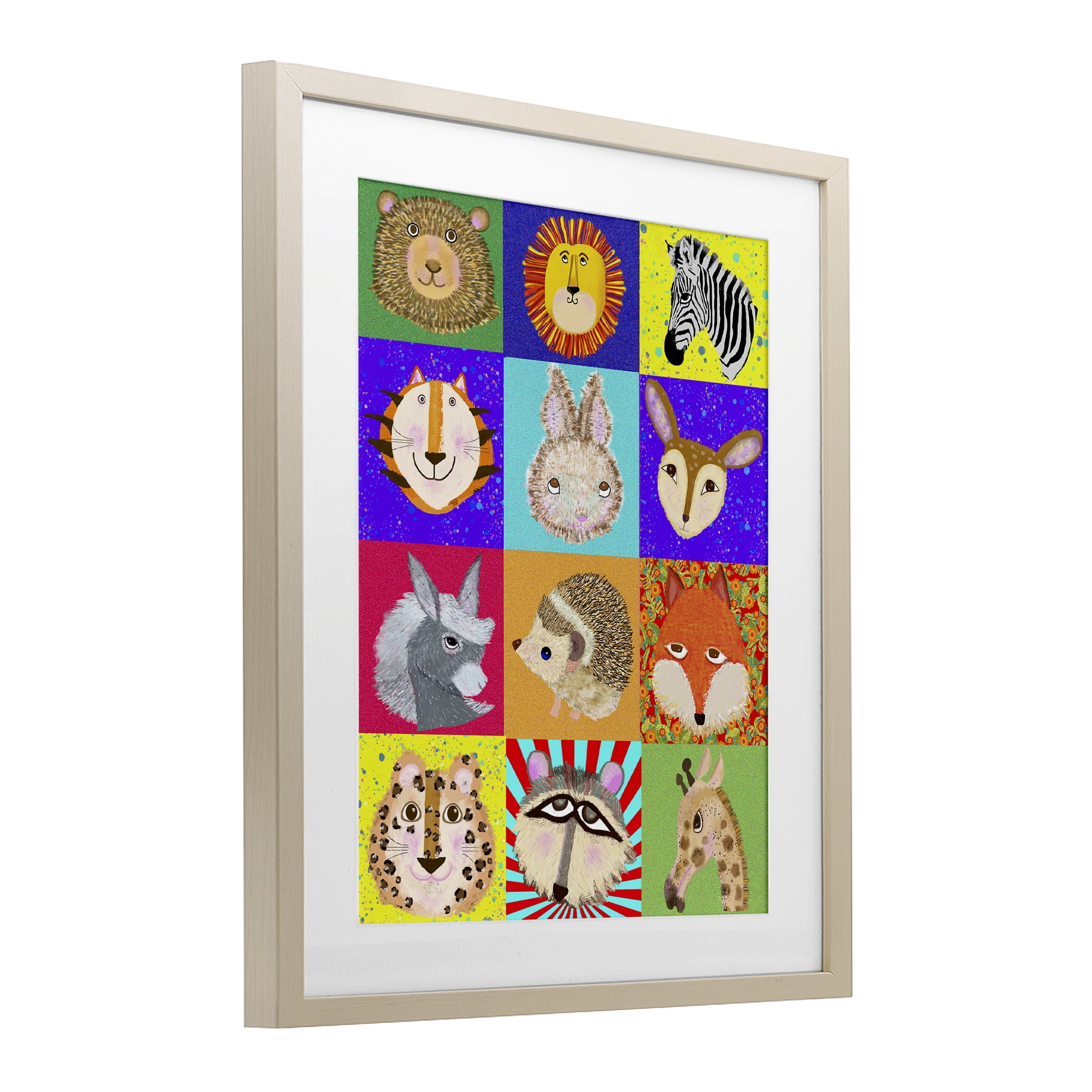 Furry Faces Animals Birch Framed Print Under Glass, design by Lynnda Rakos