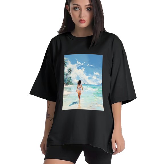 Plus Size Shirt for Women Black Tops for Women Short Sleeves Shirt for Women Seaside (75) T Shirt Crewneck Shirt for Women XS