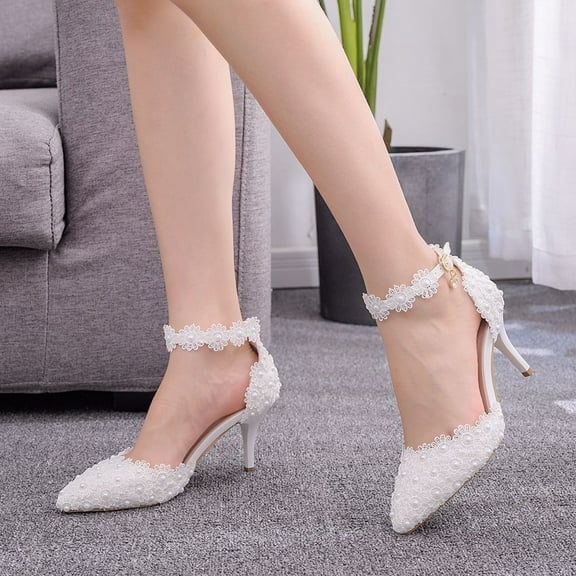 STRANDCHIC Women's Bridal Pumps, 1 Pair White Lace High Heels, Comfortable PU Material, Elegant Wedding Shoes for Women