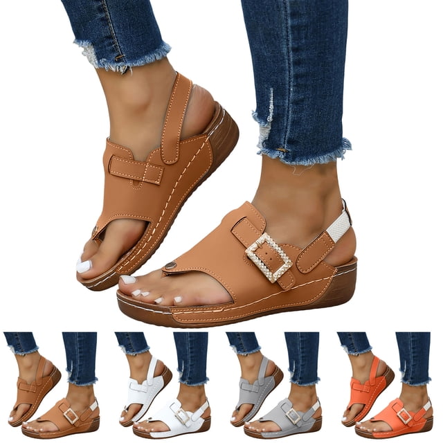 Dakaela Womens Leather Orthopedic Wedge Sandals Rhinestone Buckle Platform Flip Flops Arch Support Summer Beach Slip on Slides with Back Strap Brown Size 7