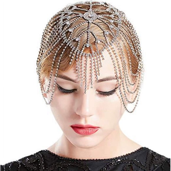 Jinsinto Elegant Pearl Head Chain Gold Headpieces Wedding Hair Acessories for Women and Girls Sliver
