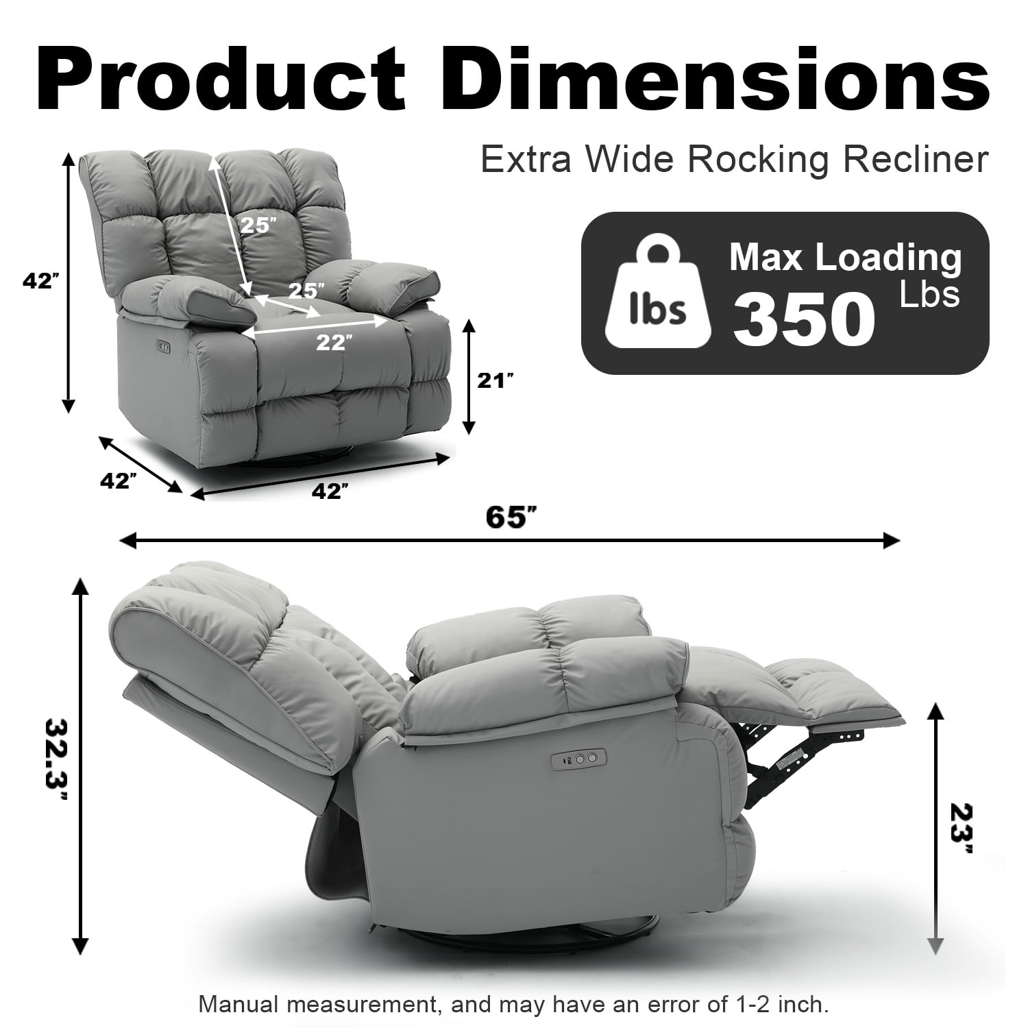 Pmango Pet-friendly Leather Recliner Chair Oversized, XXL Extra Wide Swivel Rocking Recliner, Nursery Modern Single Sofa for Living Room, Electric Adjustable Reclining, USB & Type-C Port, Gray